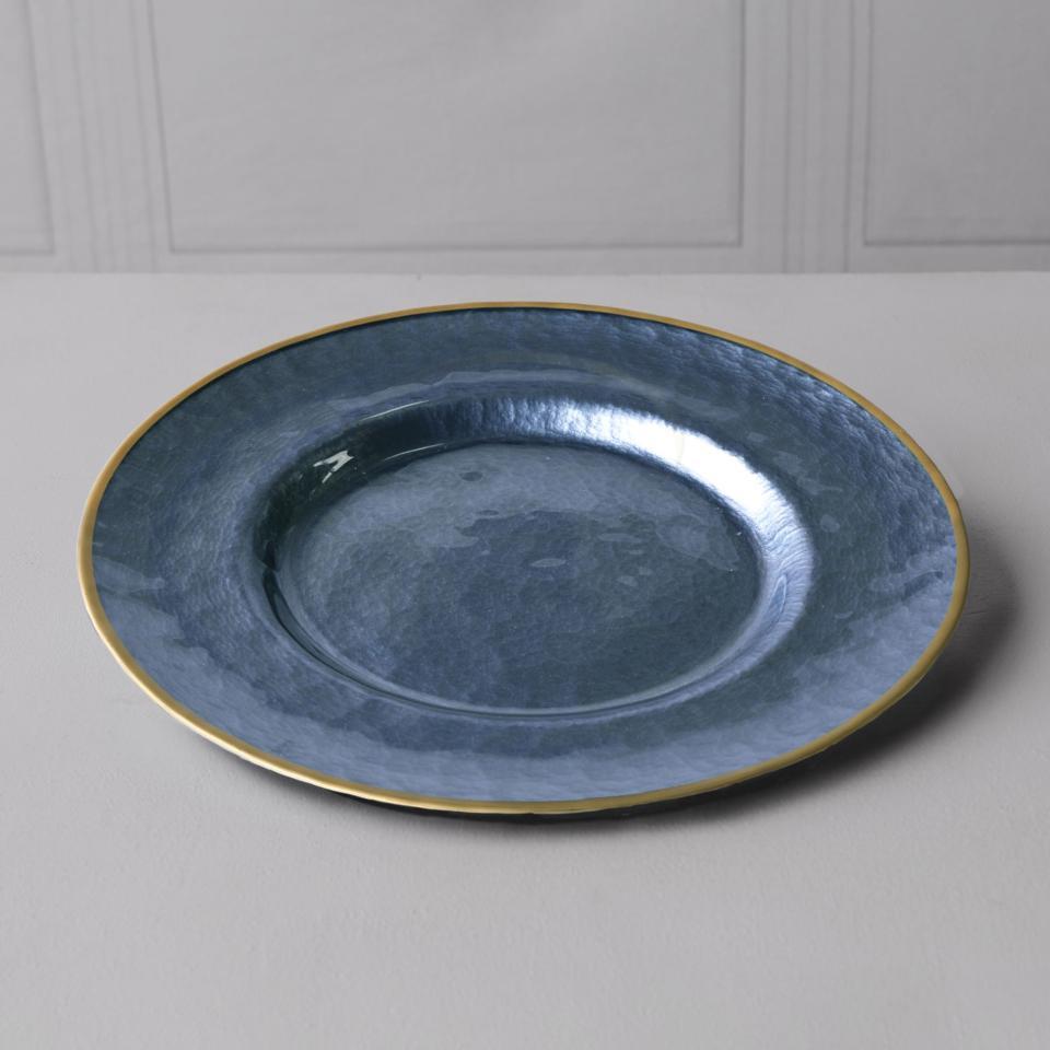 Glass Blue Opalescent Charger Plate with Gold Rim (Blue and Gold)