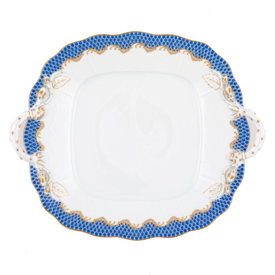 Fish Scale Blue Square Cake Plate With Handles