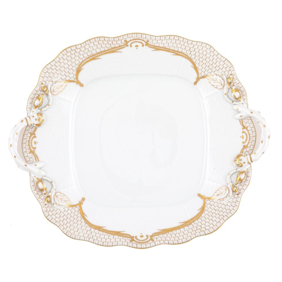 Golden Elegance Square Cake Plate With Handles