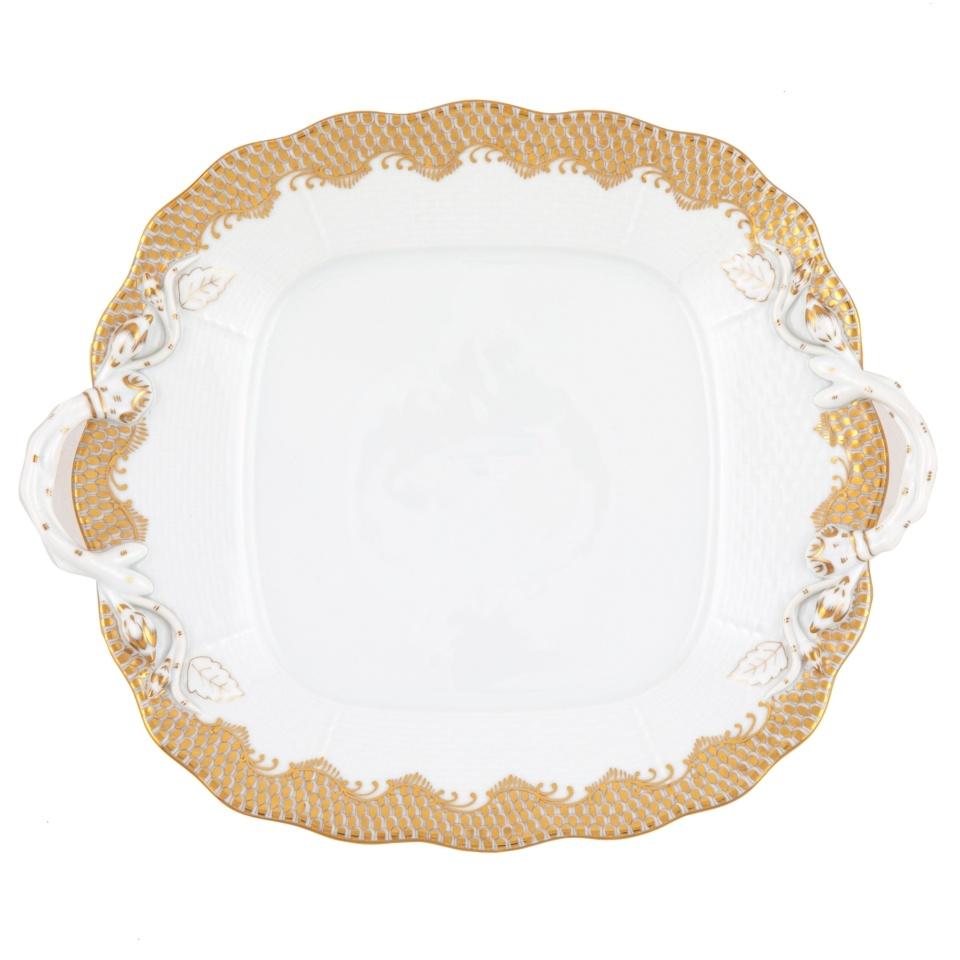 Fish Scale Gold Square Cake Plate With Handles