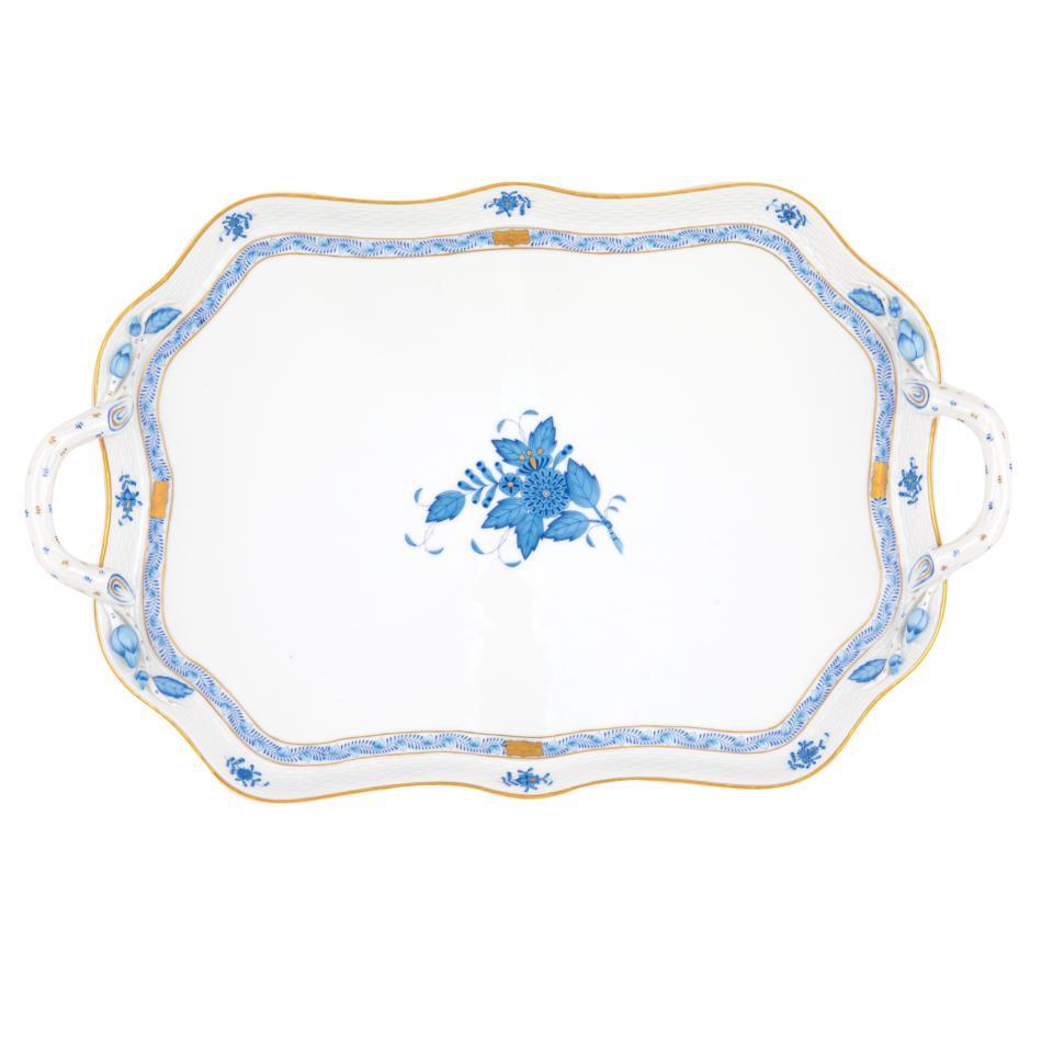 Chinese Bouquet Blue Rec Tray With Branch Handles