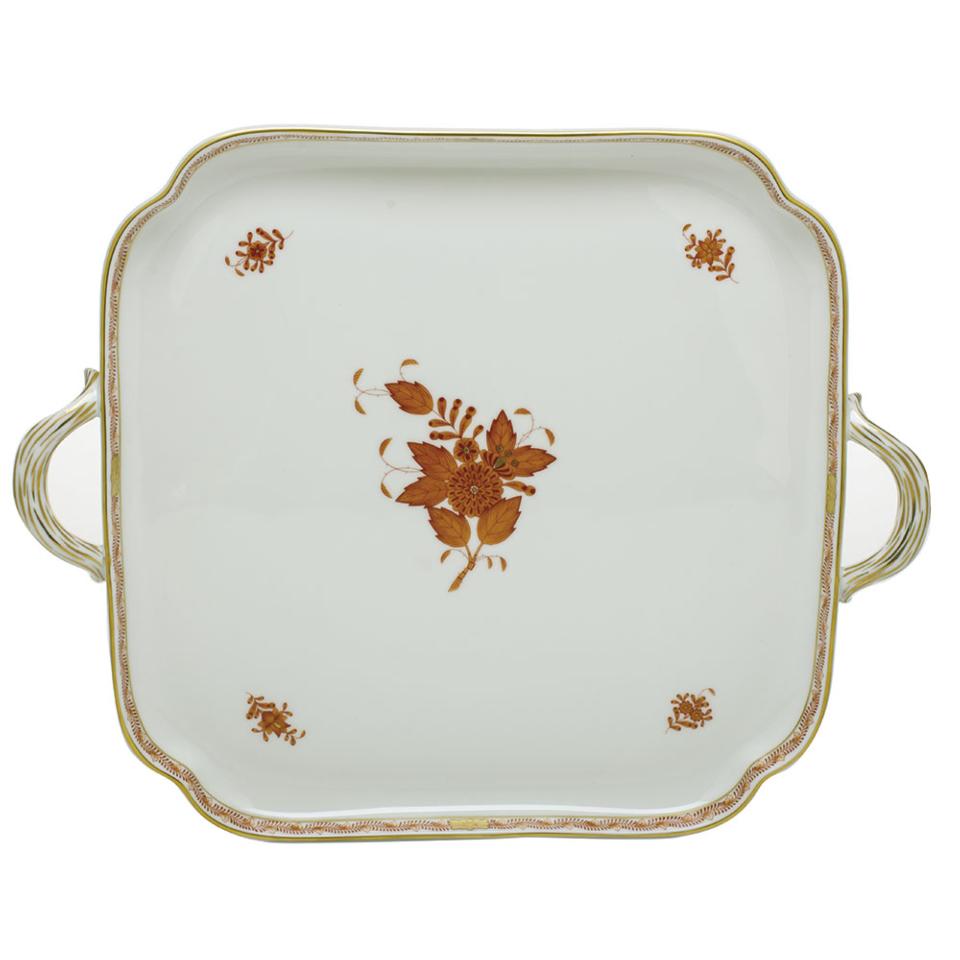 Chinese Bouquet Rust Square Tray With Handles