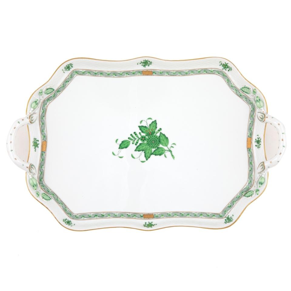 Chinese Bouquet Green Rec Tray With Branch Handles