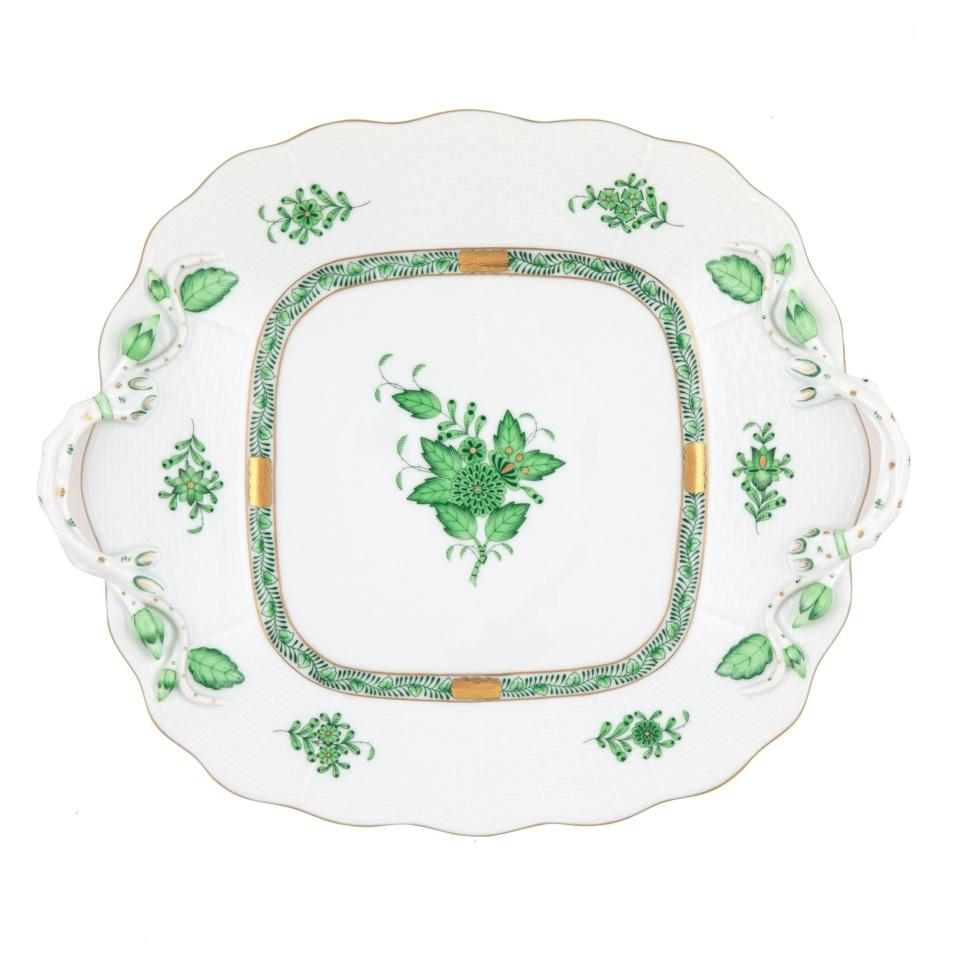 Chinese Bouquet Green Square Cake Plate With Handles