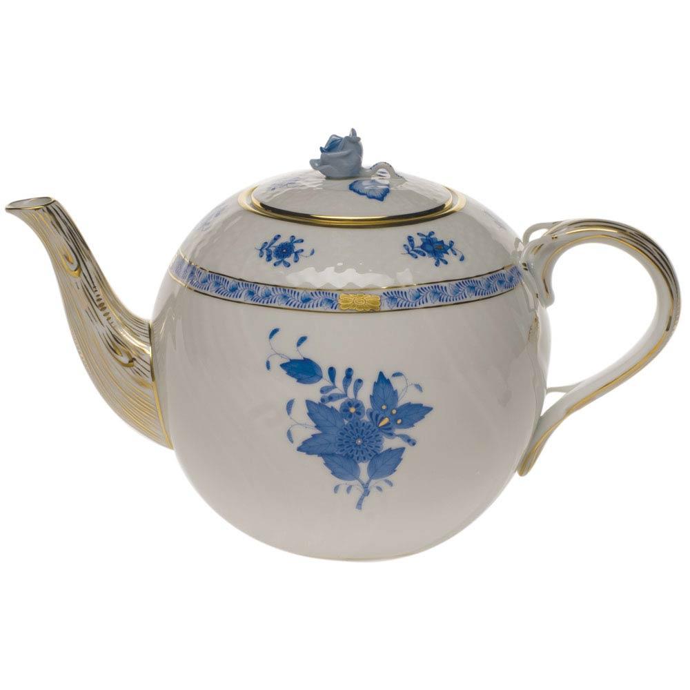 Chinese Bouquet Blue Tea Pot With Rose
