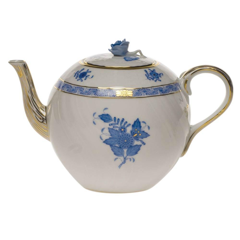 Chinese Bouquet Blue Tea Pot With Rose