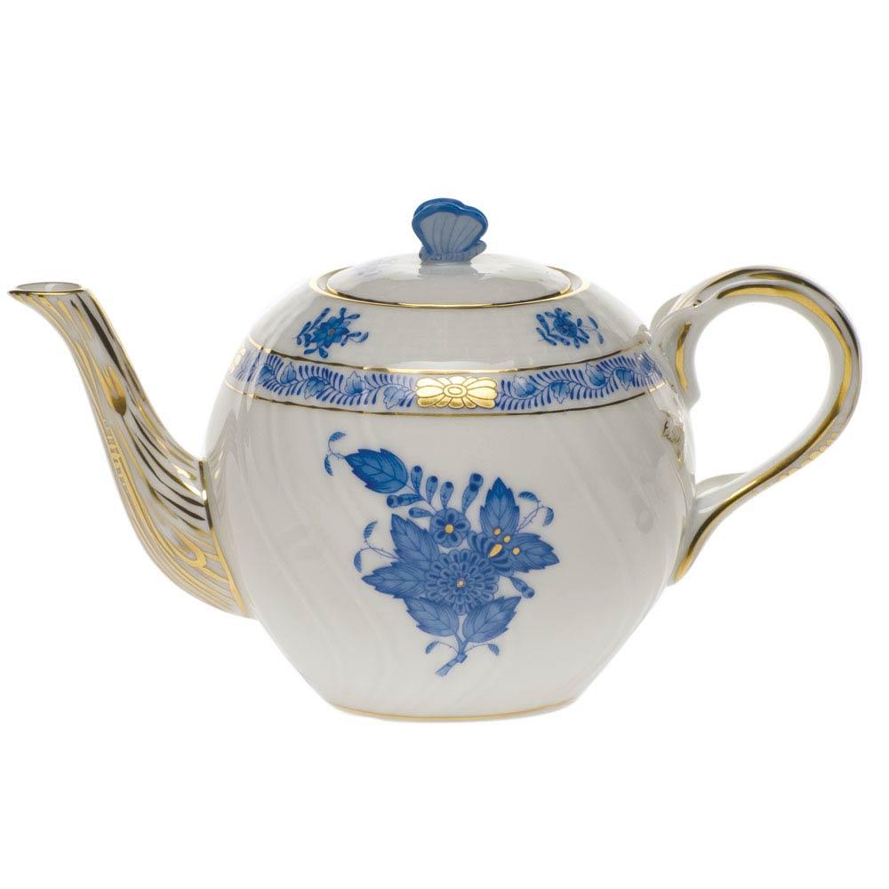 Chinese Bouquet Blue Tea Pot With Butterfly