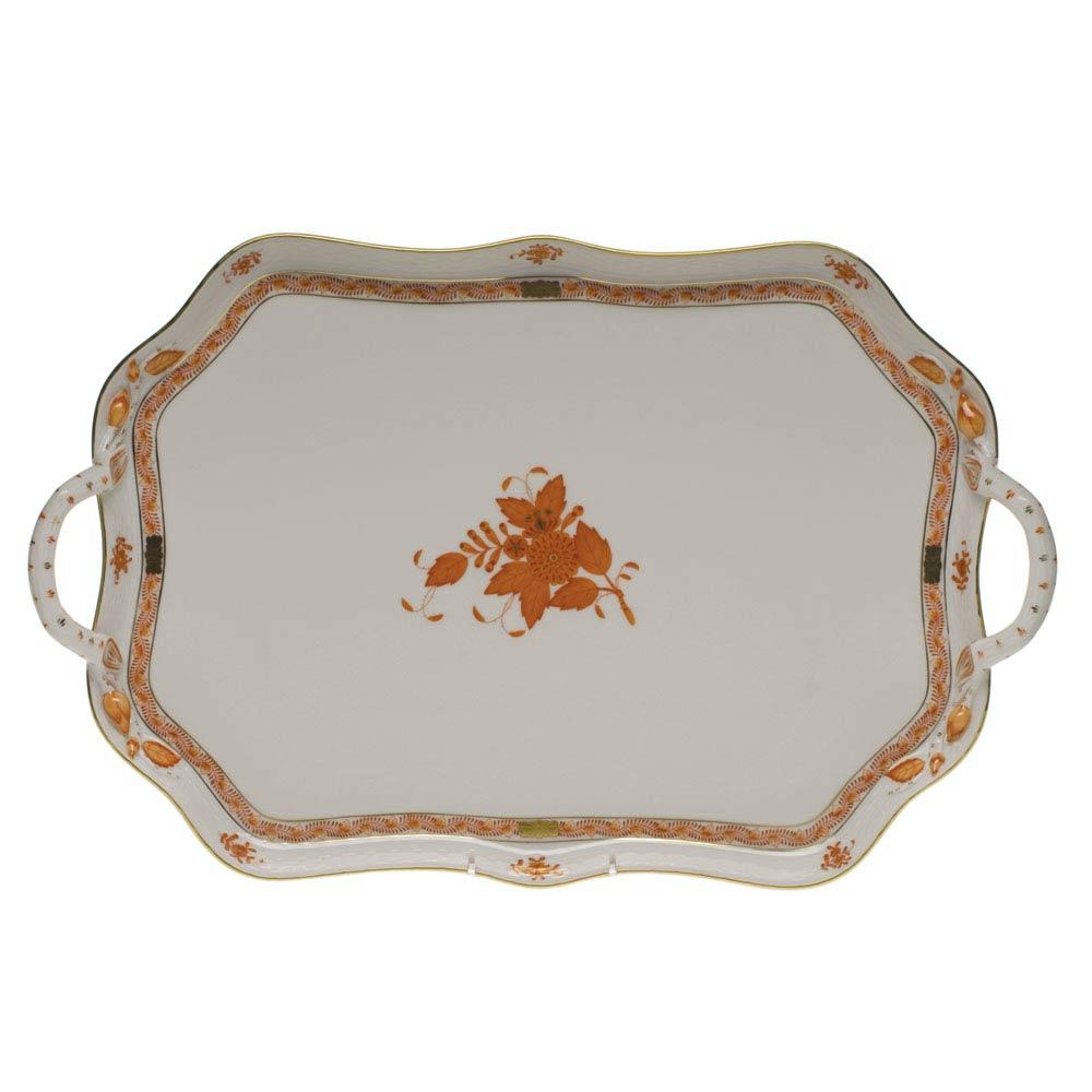 Chinese Bouquet Rust Rec Tray With Branch Handles