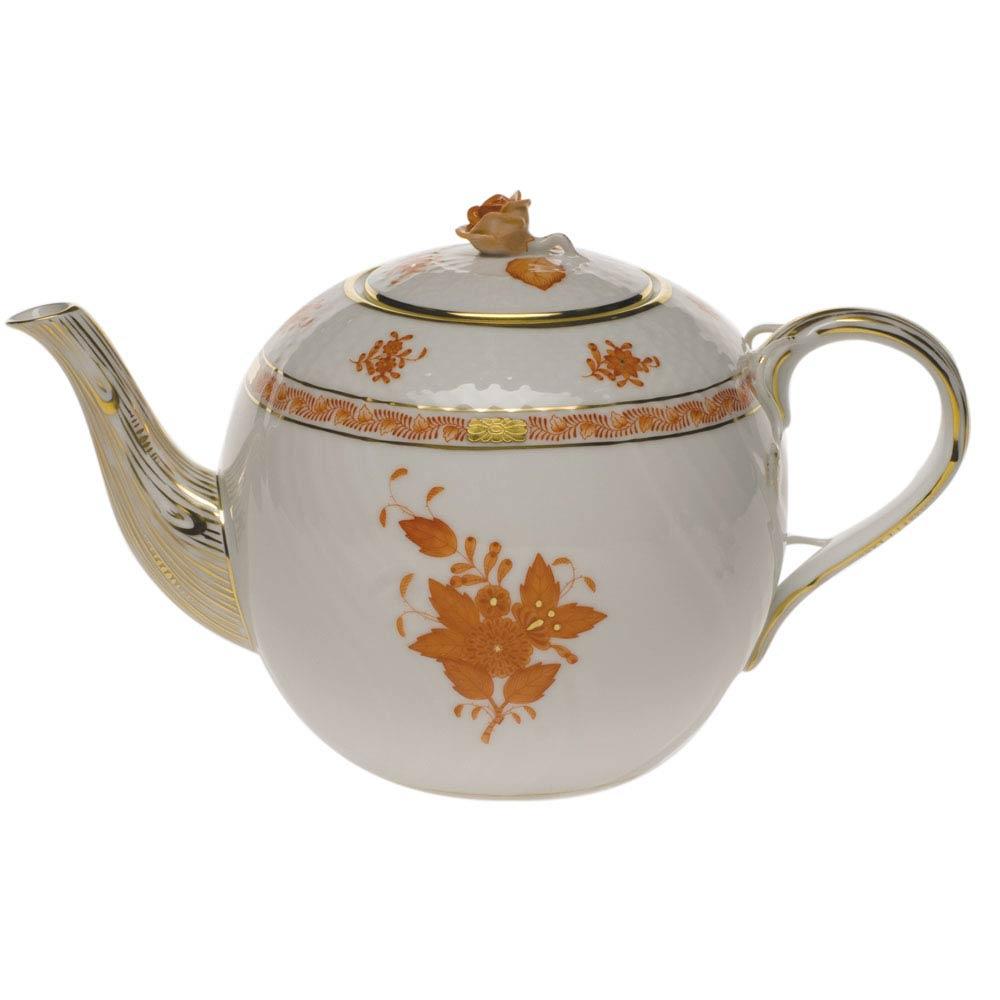 Chinese Bouquet Rust Tea Pot With Rose