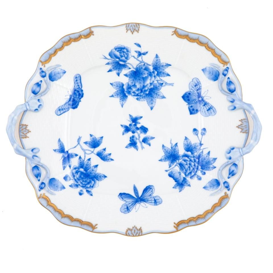 Fortuna Blue Square Cake Plate With Handles