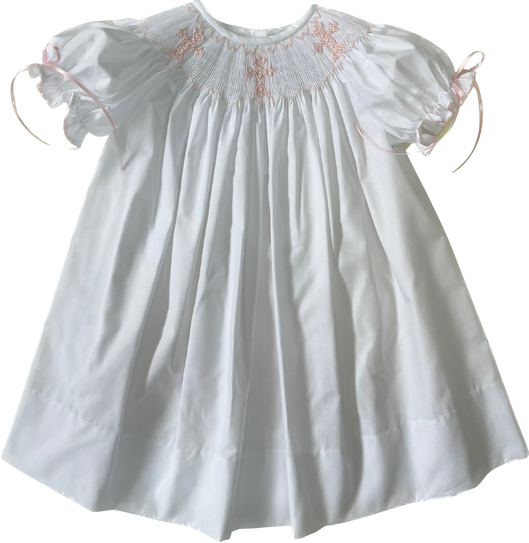 Lulu Bebe Emma White Smock Bishop Dress with Pink Crosses  Quintessentials