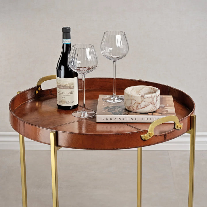 Aspen Leather with Brass Handles Round Tray