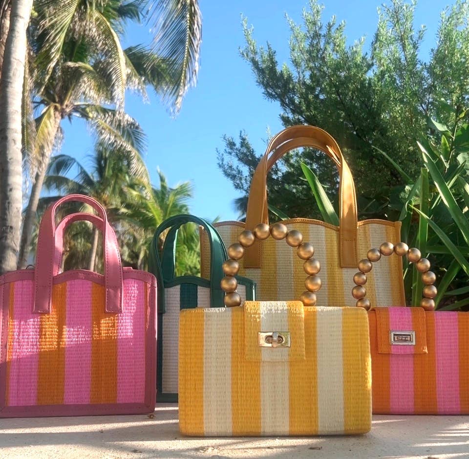 Pink & Orange Stripe Bag | Gold Handle | Statement Clutch