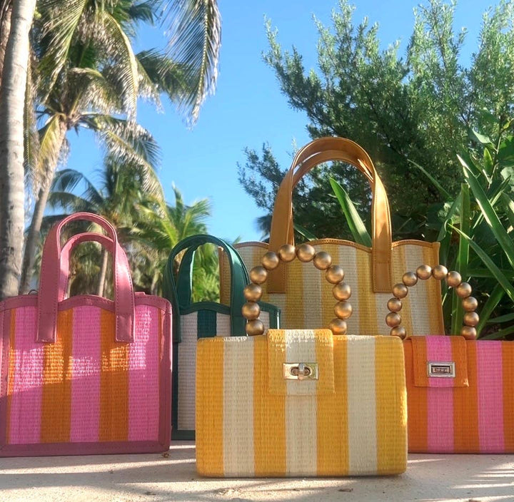 Pink & Orange Stripe Bag | Gold Handle | Statement Clutch