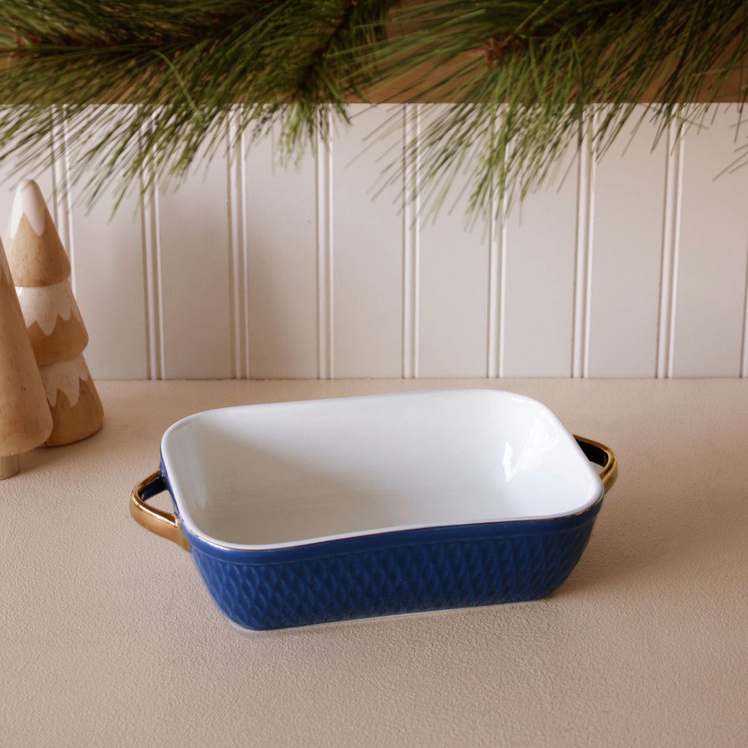 Ceramic Small Rectangular Baker with Gold Handles (Blue)