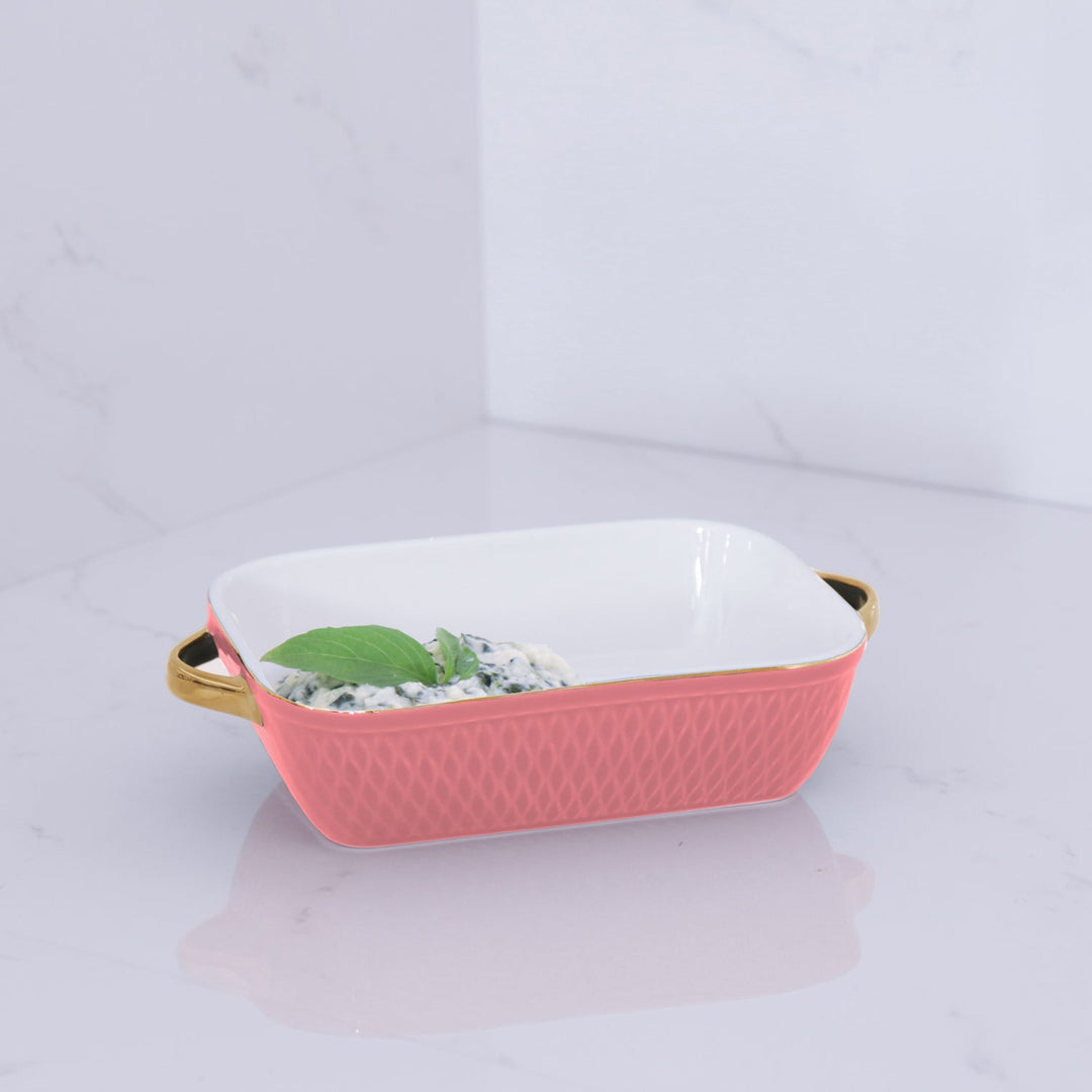 Ceramic Small Rectangular Baker with Gold Handles (Salmon)