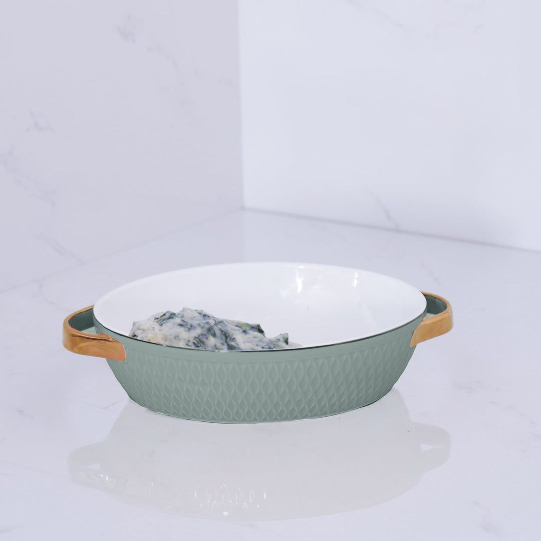 Ceramic Small Oval Baker with Gold Handles (Sage)
