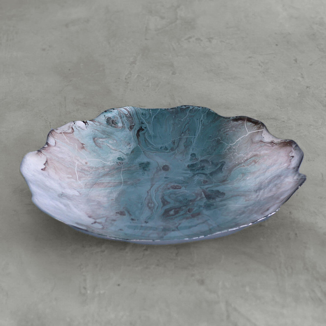 Glass New Orleans Foil Leafing Centerpiece with Scalloped Edges (Light Teal & Silver)