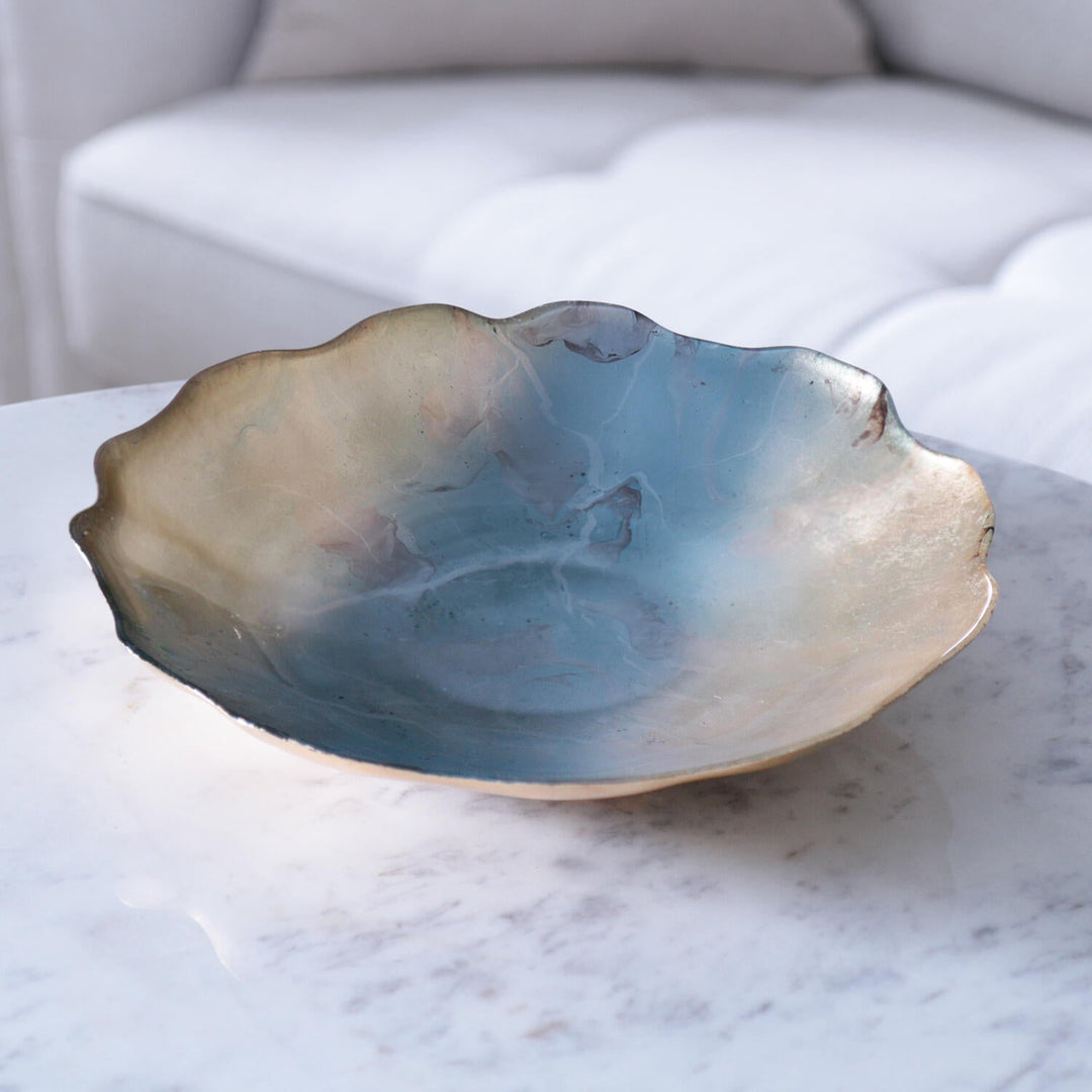 Glass New Orleans Foil Leafing Centerpiece with Scalloped Edges (Light Teal & Gold)