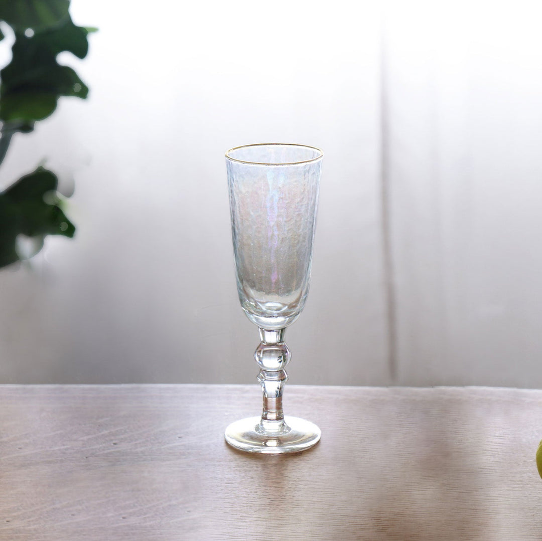 Glass Mother of Pearl Flute with Gold Rim Set of 4 (Clear and Gold)