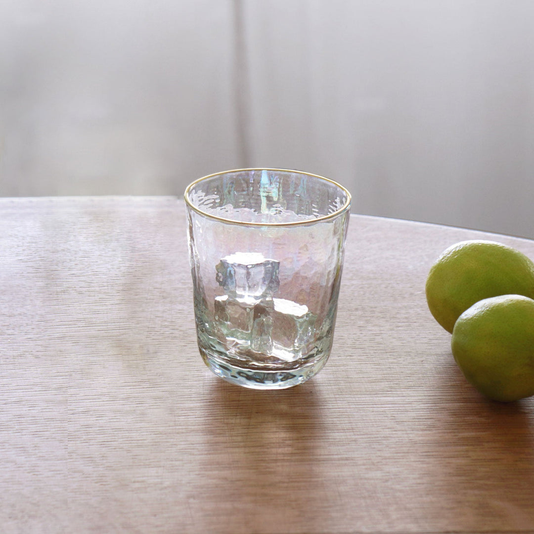 Glass Mother of Pearl Stemless All Purpose Glass with Gold Rim Set of 4 (Clear and Gold)