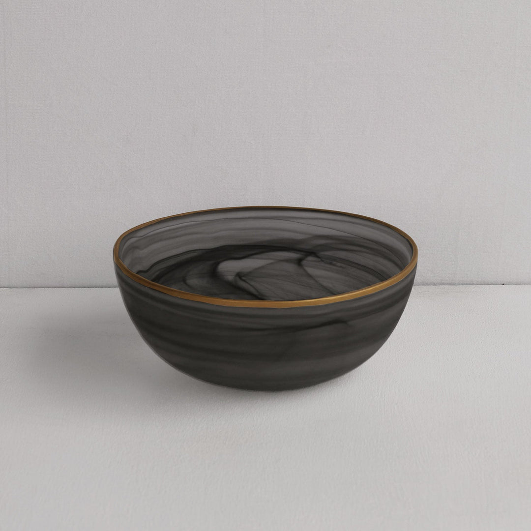 Glass Frosted Black Alabaster Medium Bowl with Gold Rim (Black and Gold)
