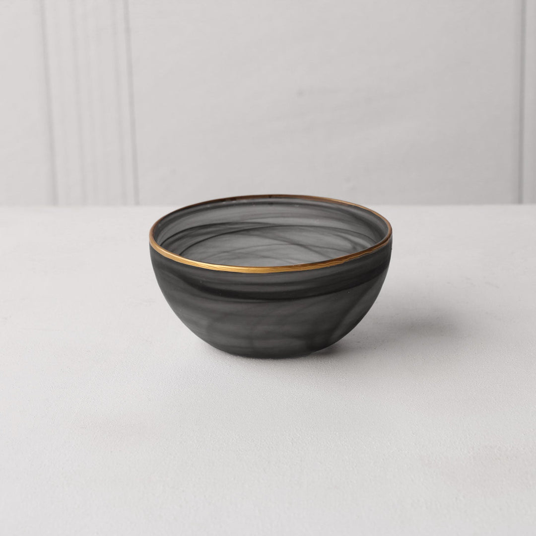 Glass Frosted Black Alabaster Small Bowl with Gold Rim (Black and Gold)