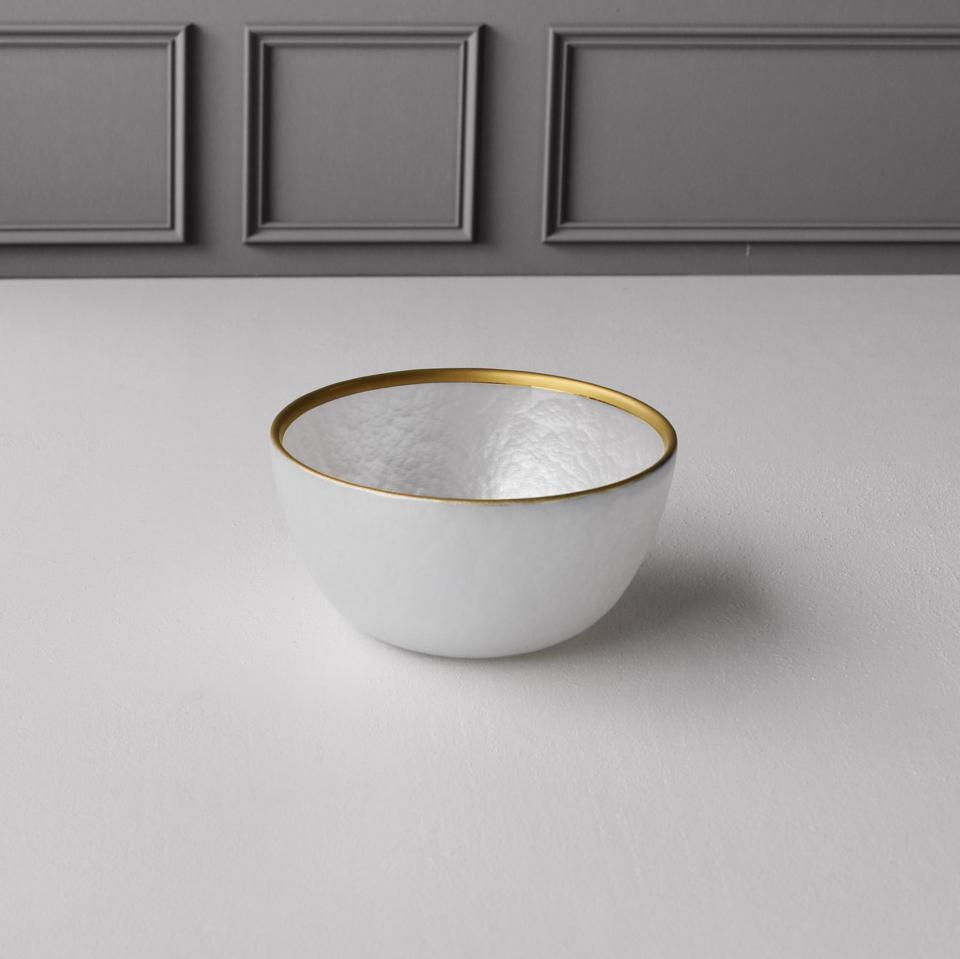 Glass White Opalescent Small Bowl with Gold Rim (White and Gold)