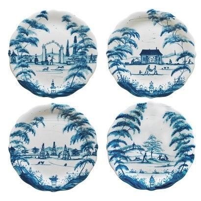 Country Estate Delft Blue Party Plates, Assorted Set/4 Spring Gardening Scenes