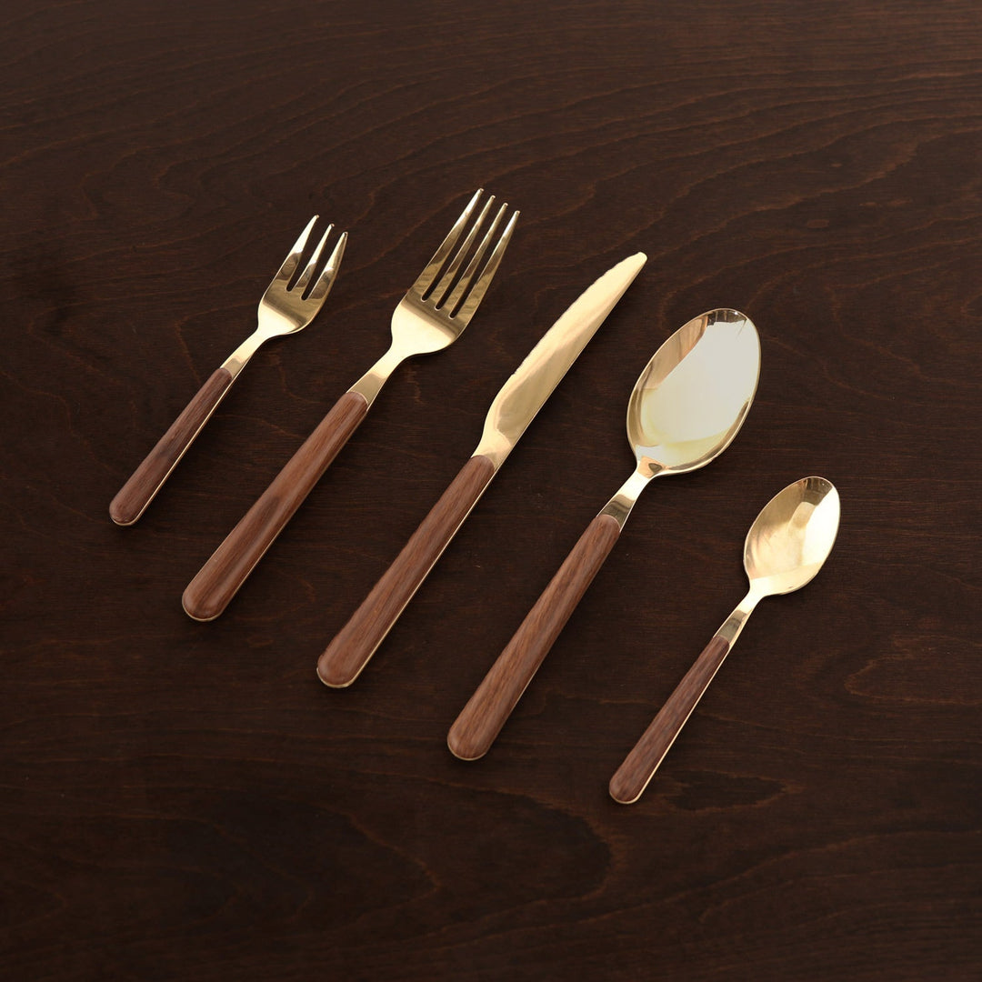 Faux Bois Stainless Flatware Set of 5 Brushed Champagne Gold