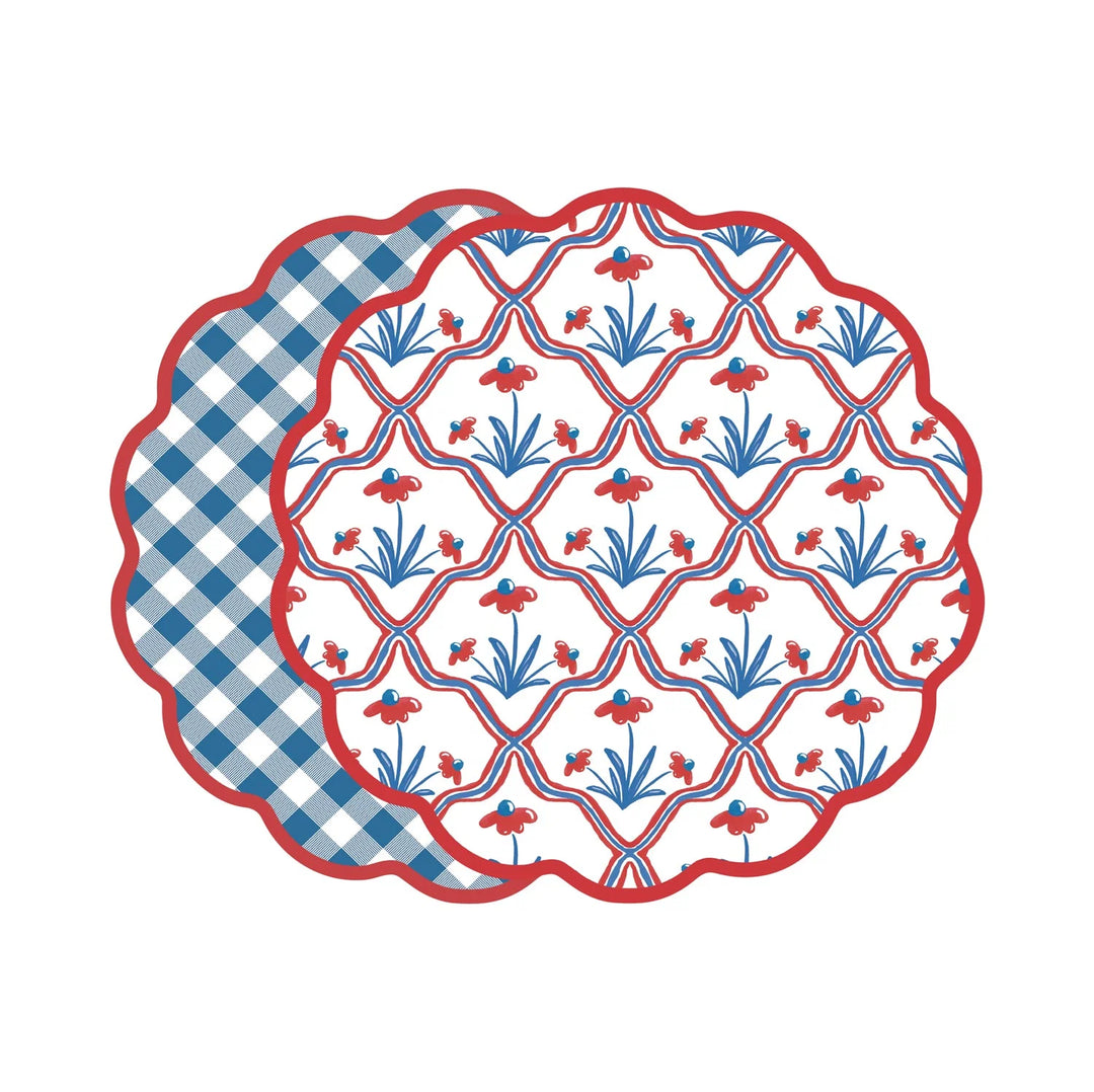 VIDA Americana Floral and Gingham Reversible Placemats Set of 4 (Red and Blue)