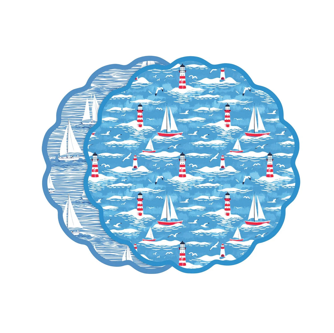 VIDA Sailboats and Lighthouses Reversible Placemats Set of 4 (Blue and Red)