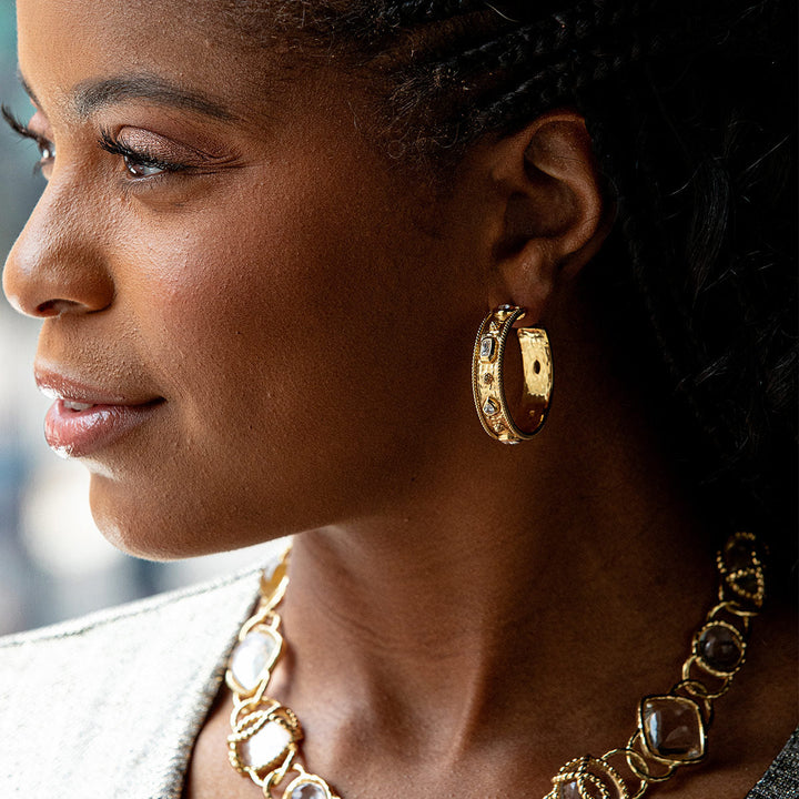 Berry Hammered Hoops - Gold Cubic Zirconia