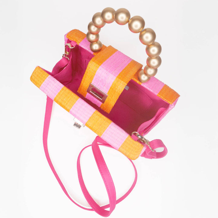 Pink & Orange Stripe Bag | Gold Handle | Statement Clutch