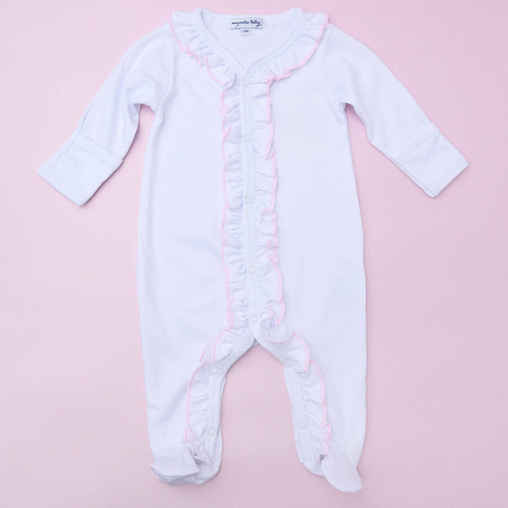 Baby Girl White Ruffle Footie with Pink Trim - Soft Pima Cotton