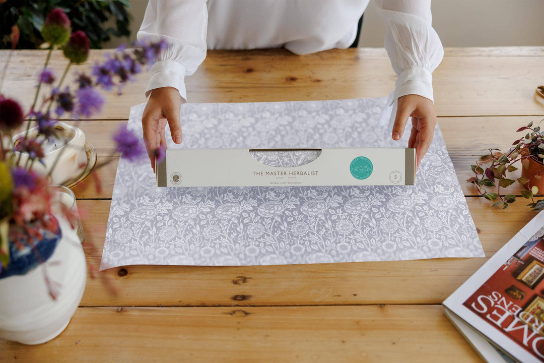 LILY OF THE VALLEY fragrance SCENTED Drawer Liners in GREY William Morris Design