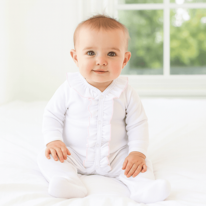 Baby Girl White Ruffle Footie with Pink Trim - Soft Pima Cotton