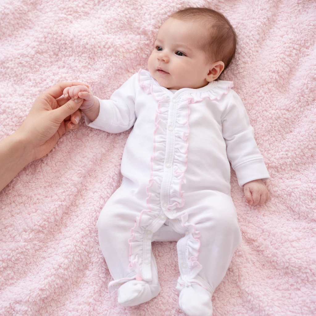 Baby Girl White Ruffle Footie with Pink Trim - Soft Pima Cotton