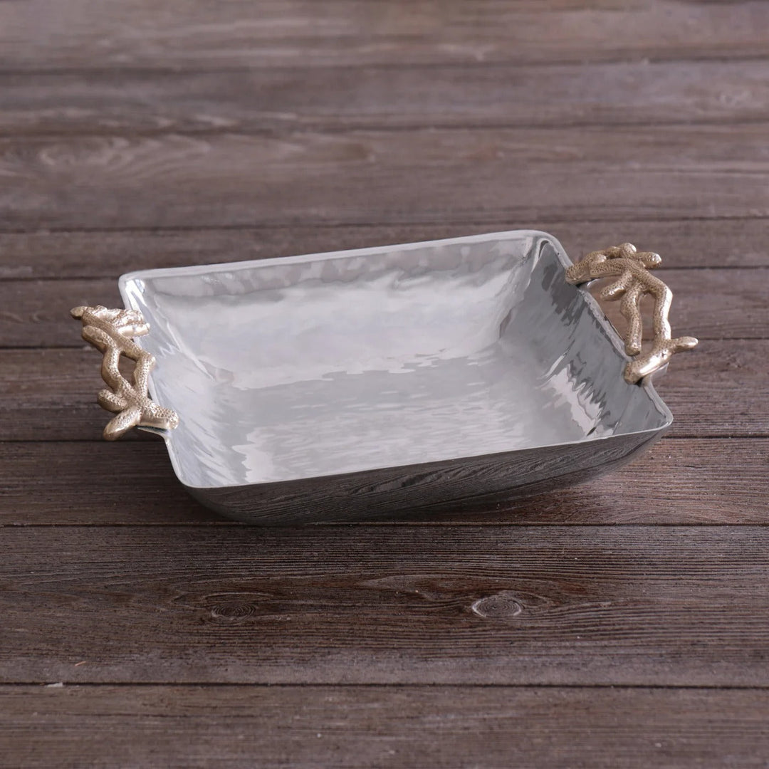Ocean Coral Square Small Bowl with Gold Handles