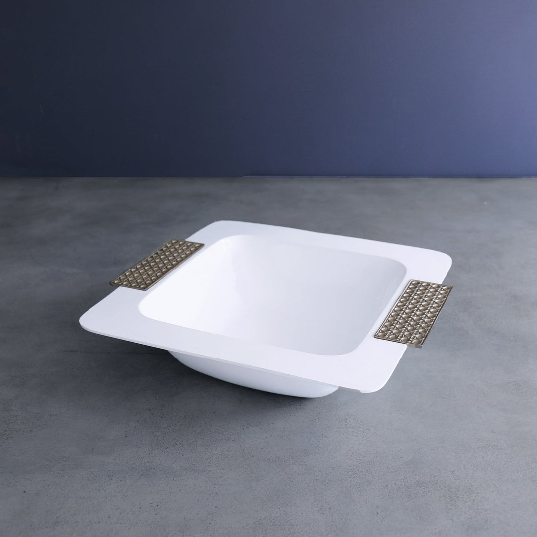 Thanni Rattan Large Square Bowl  (White and Gold)