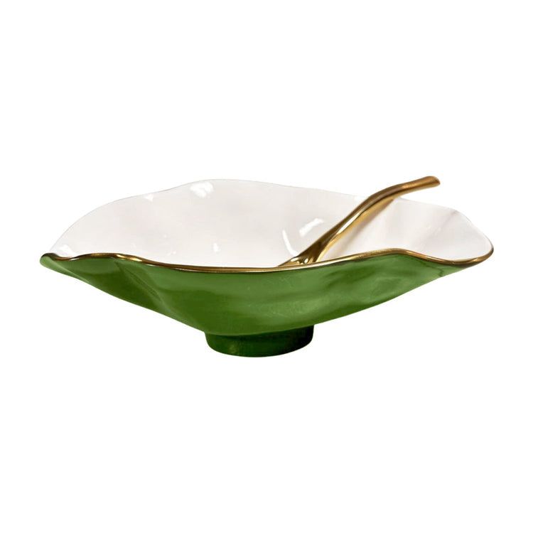 Encanto Claire Small Oval Bowl With Spoon (Leaf Green, White And Gold)