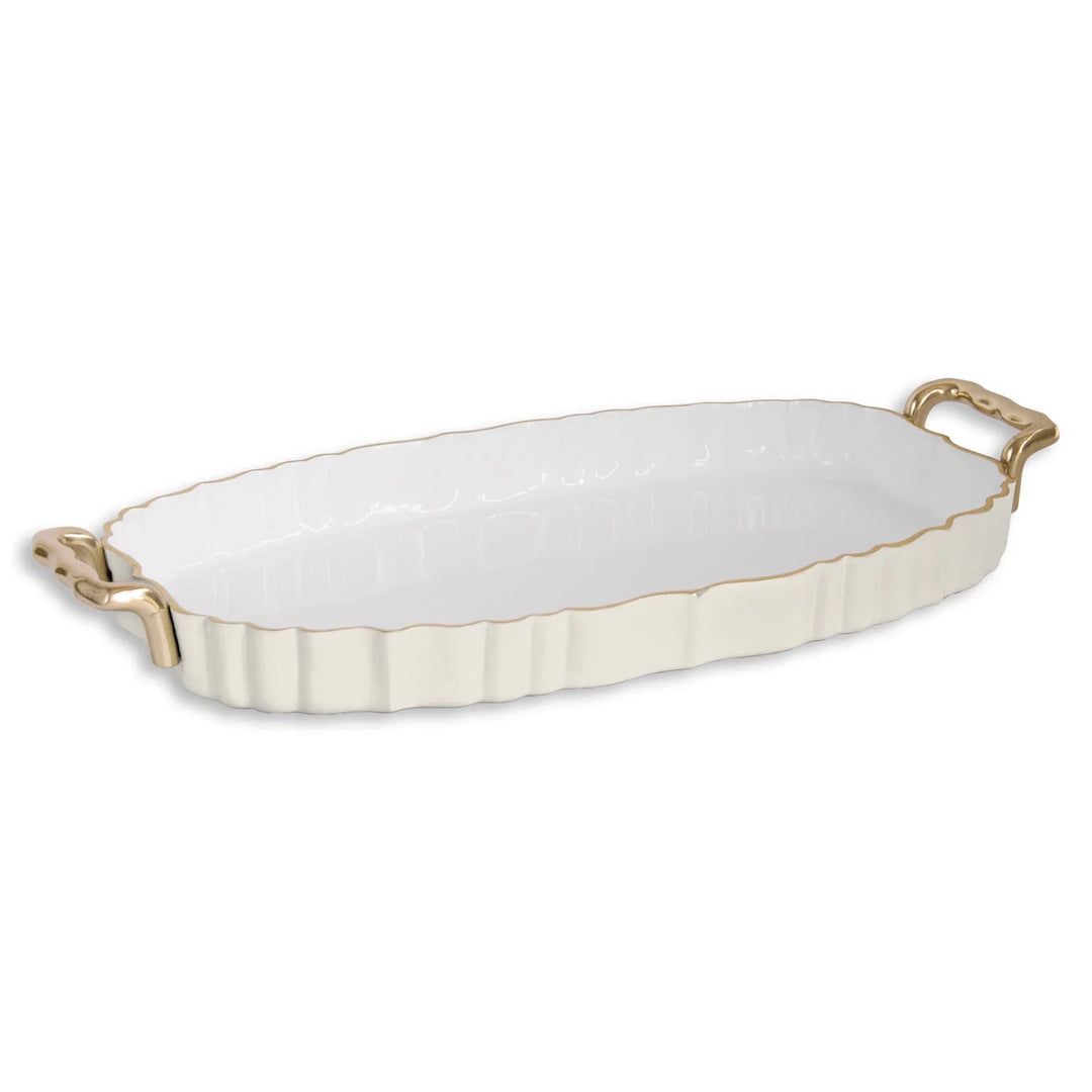 ENCANTO Vintage Fluted Oval Tray with Handles (Cream and White)