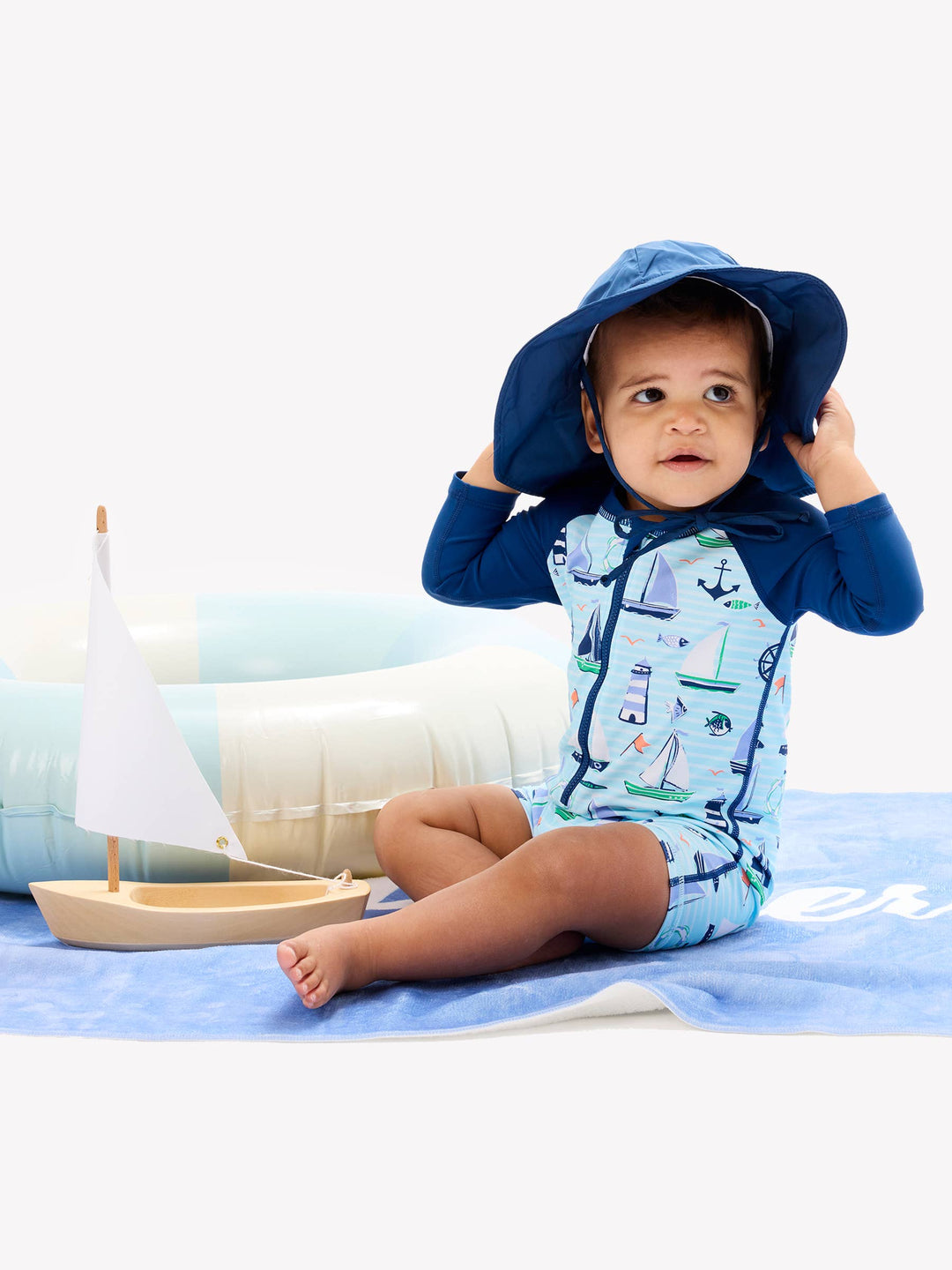Baby Boys Blue Sweet Sails Long Sleeve One Piece Rash Guard Swimsuit