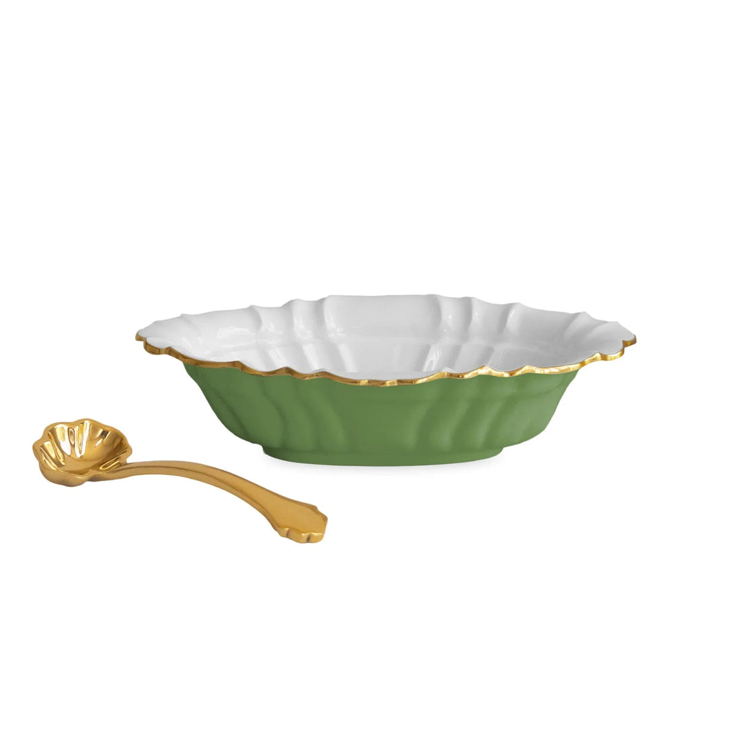 Encanto Tuscany Small Oval Bowl with Spoon Green Leaf and White