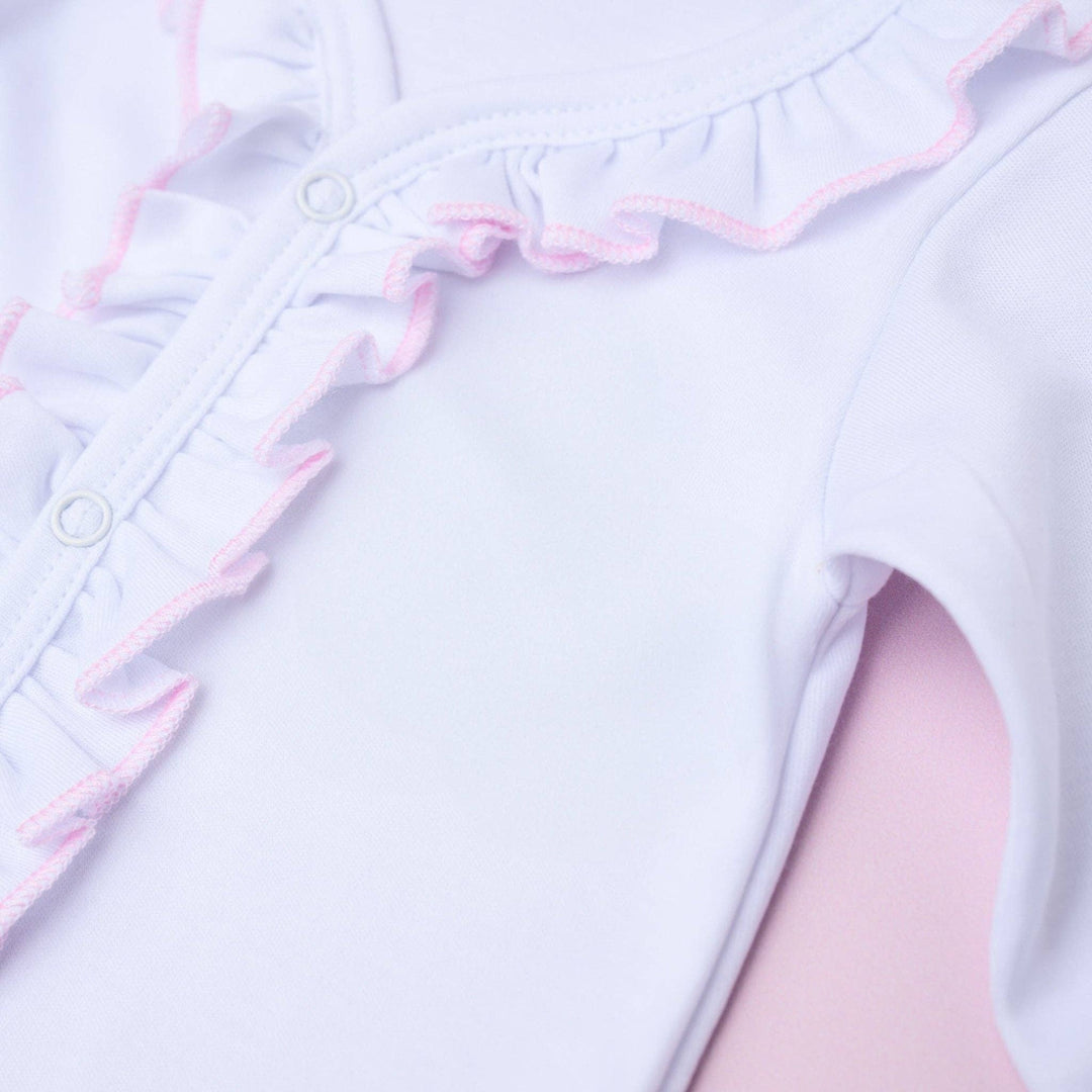 Baby Girl White Ruffle Footie with Pink Trim - Soft Pima Cotton