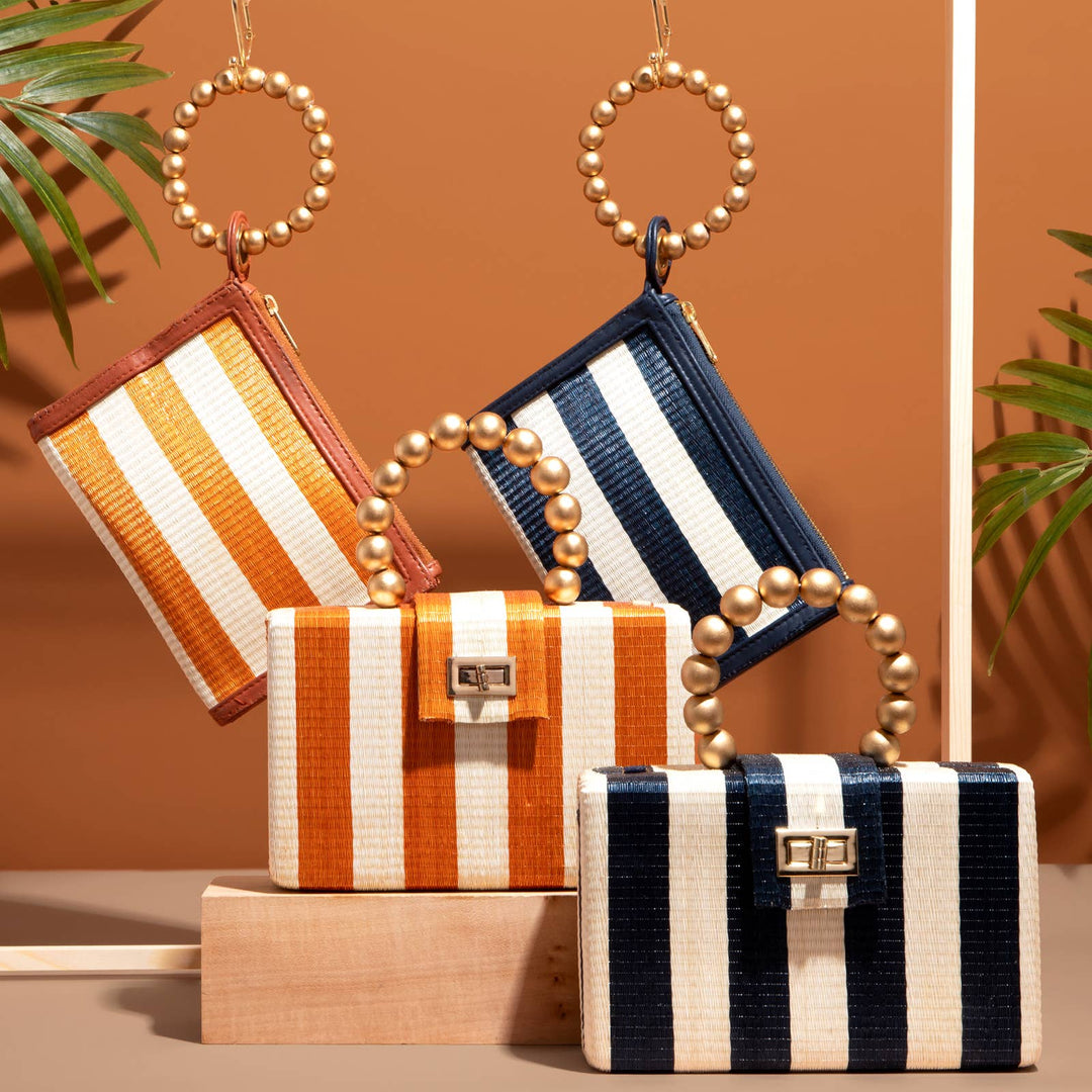 Orange Stripe Clutch Bag | Gold Bead Handle | Artisanal Luxe