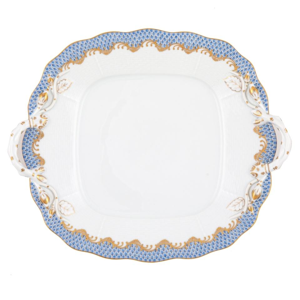 Fish Scale Light Blue Square Cake Plate With Handles
