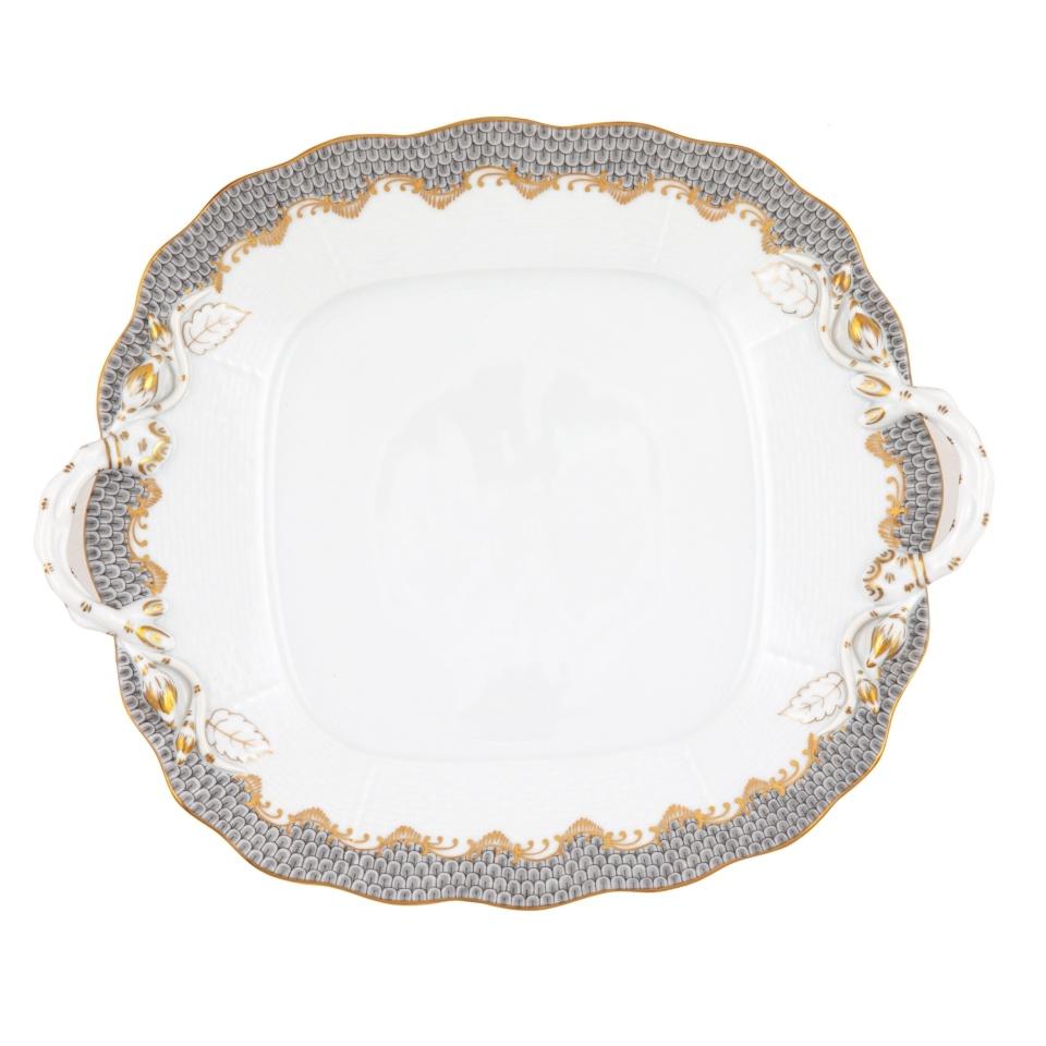 Fish Scale Gray Square Cake Plate With Handles