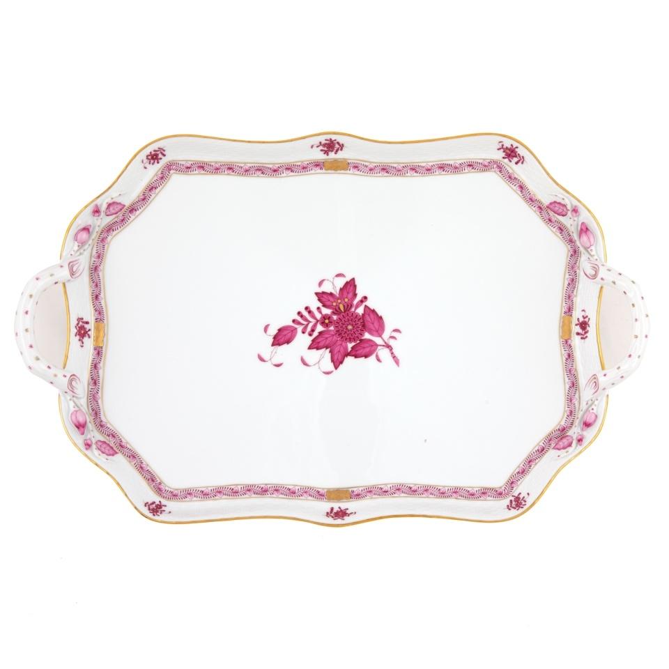 Chinese Bouquet Raspberry Rec Tray With Branch Handles