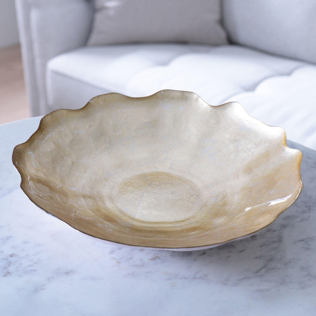 Glass New Orleans Cracked Foil Leafing Centerpiece with Scalloped Edges (Gold)